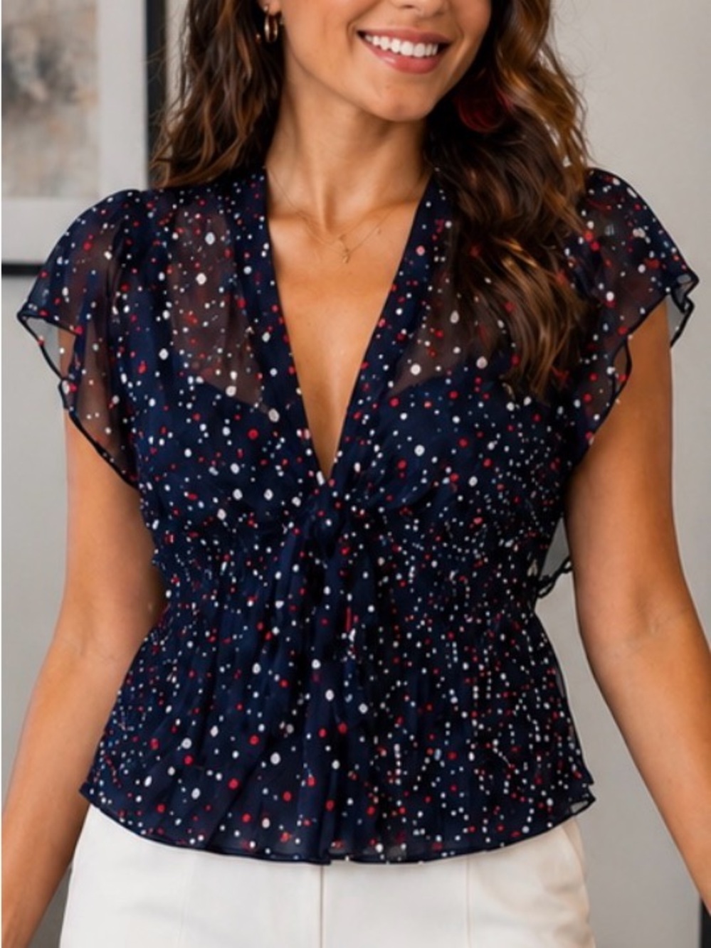 Lilly Lashes Navy Multi-Dot Tie-Front Blouse